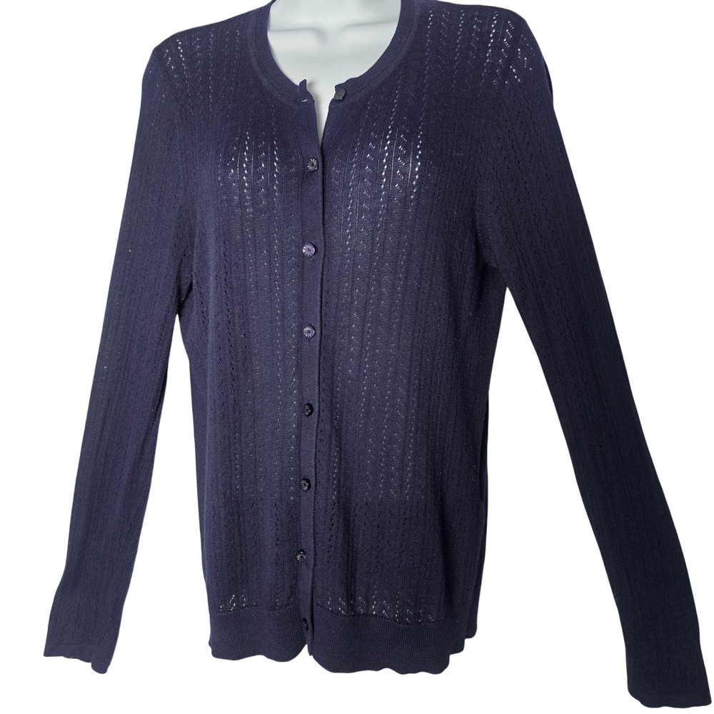 Navy Pointelle Lace Knit Button Cardigan Dark Academia Cottagecore Feminine L